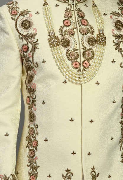 Men’s Sherwani – Silk in Ivory with Detailed Hand Embroidery | One Man Show