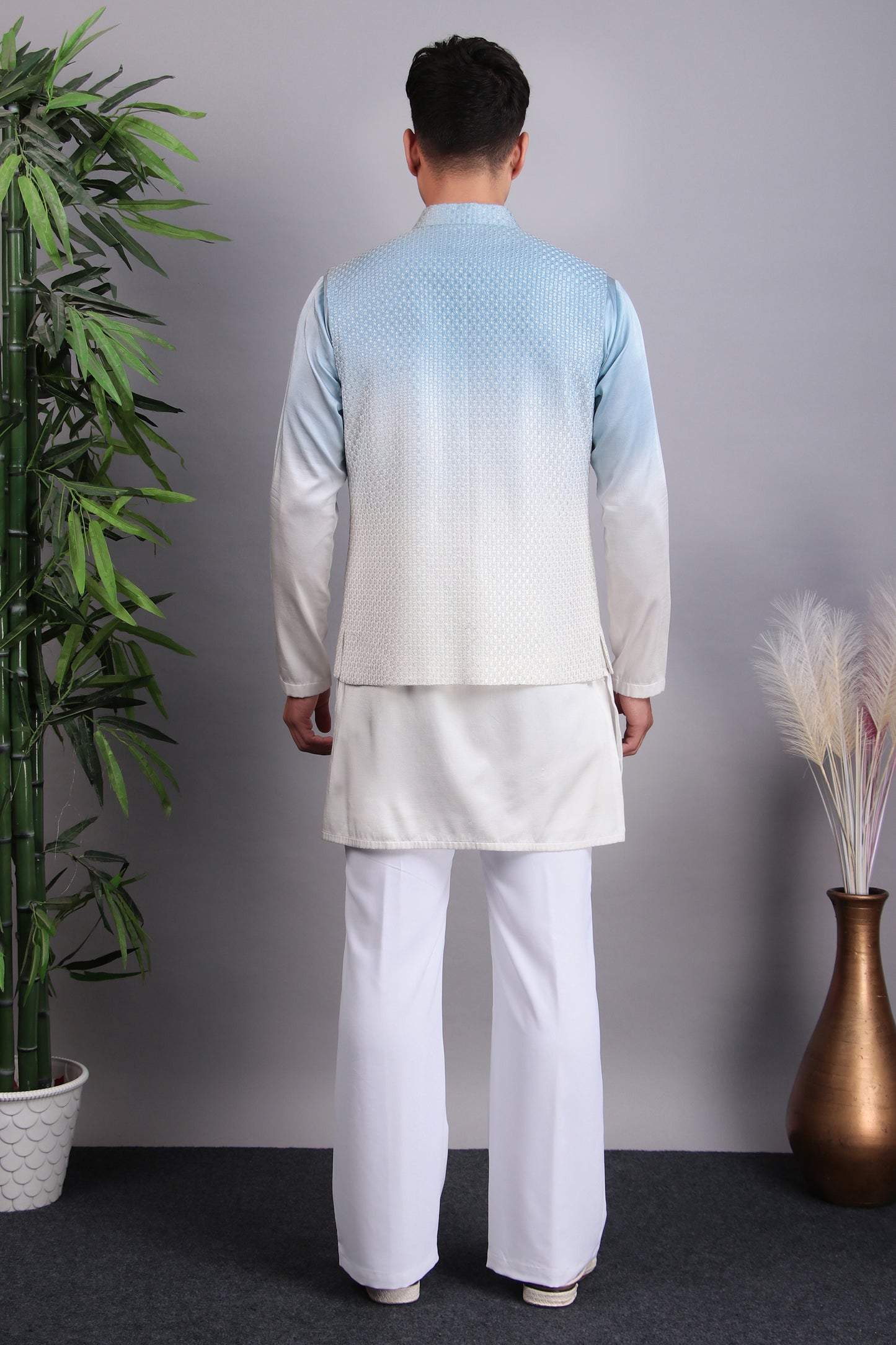 Back view - Men’s Kurta Set – Georgette Embroidered in Blue with Tie and Die Lapel Design