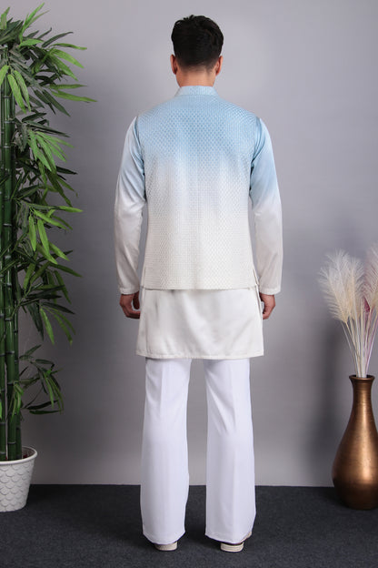 Men’s Kurta Set – Georgette Embroidered in Blue with Tie and Die Lapel Design | One Man Show