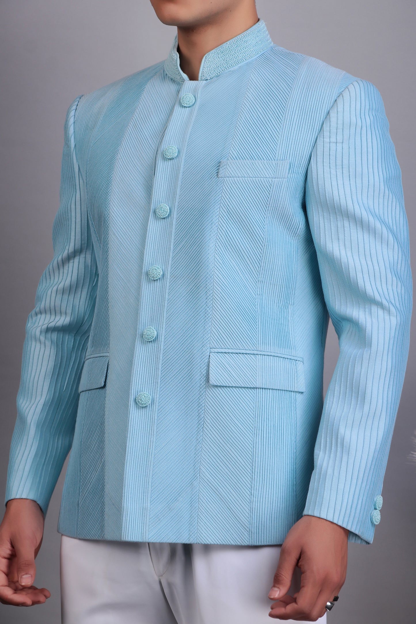 Detail view 2 - Men’s Bandhgala – Silk in Blue with Hand Embroidery