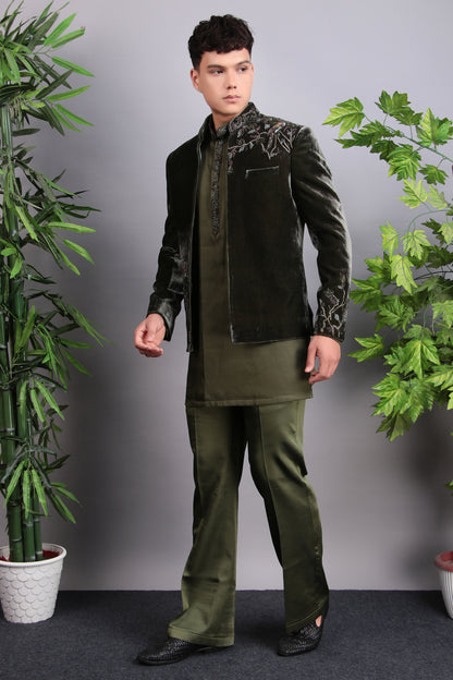Men’s Indo-Western – Velvet Embroidered Fabric in Green with Multi Colored Floral Embroidery | One Man Show