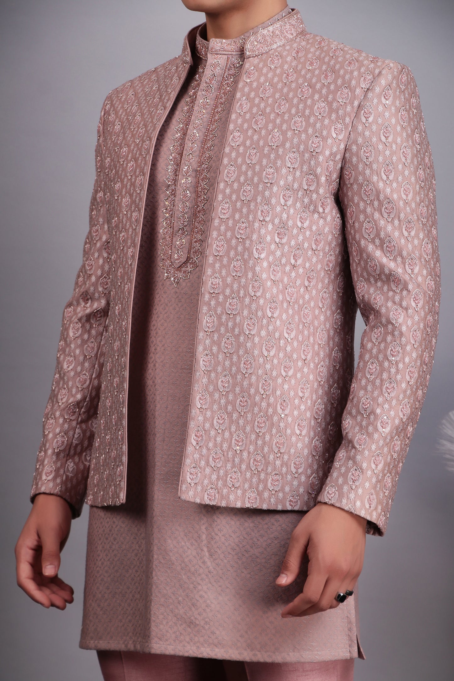 Detail view 3 - Men’s Indo-Western – Silk Embroidered Fabric in Pink with Floral Hand Embroidery