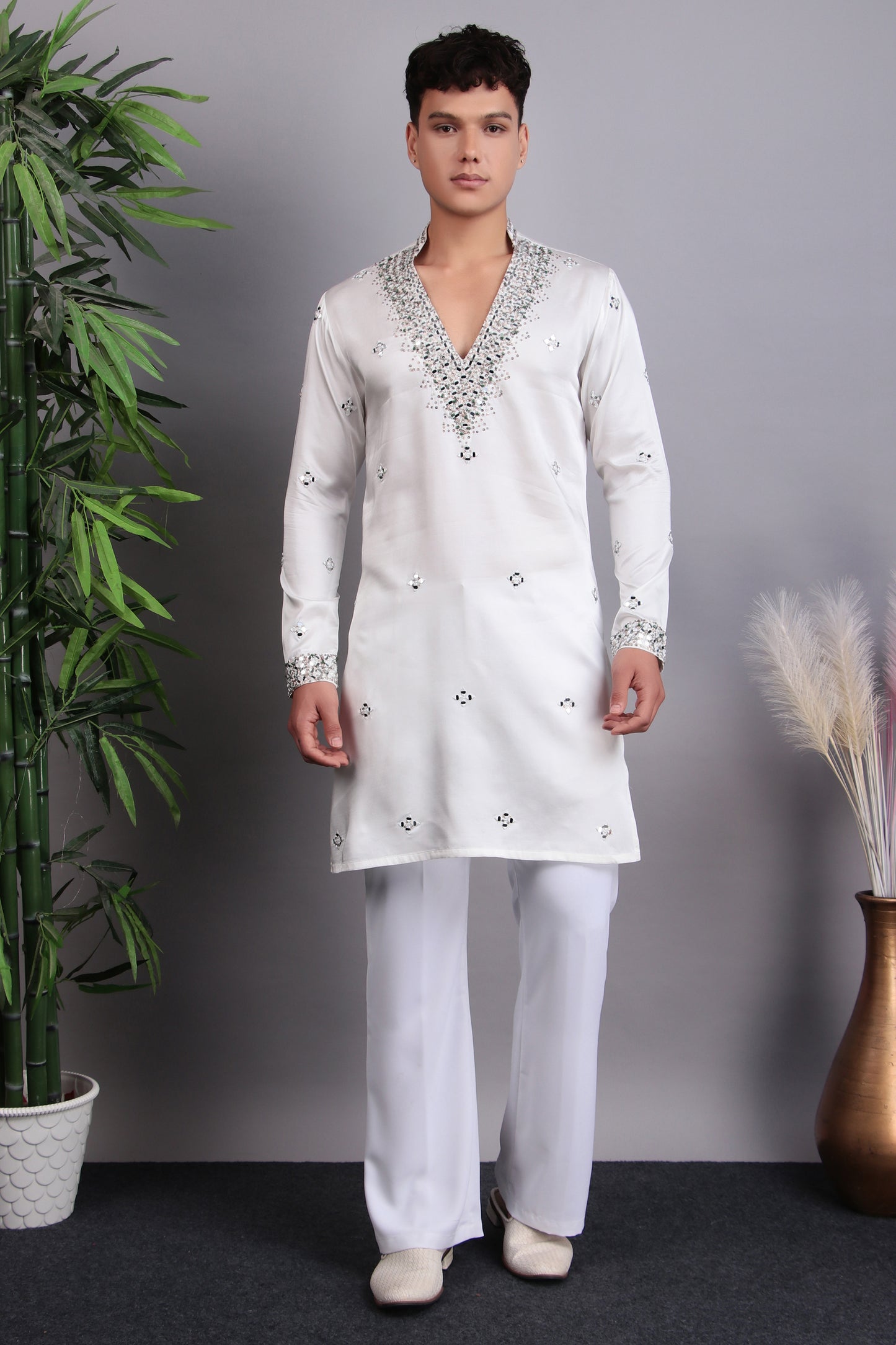 Front view - Men’s Kurta Set – Modal Satin in White with Brads, Stone and Mirror Embroidery