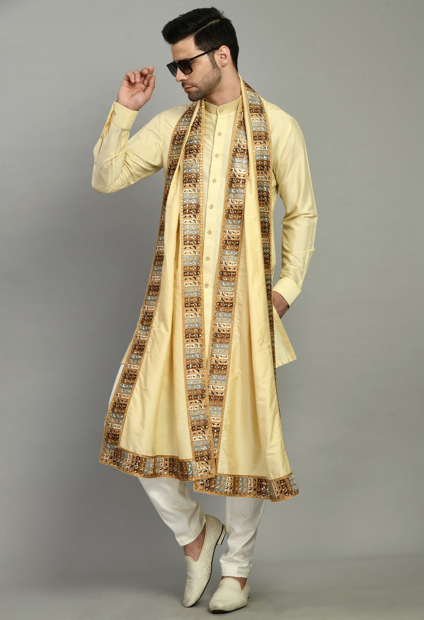 Front view - Men’s Kurta Set – Modal Satin in Cream with Embroidery Border Stoll
