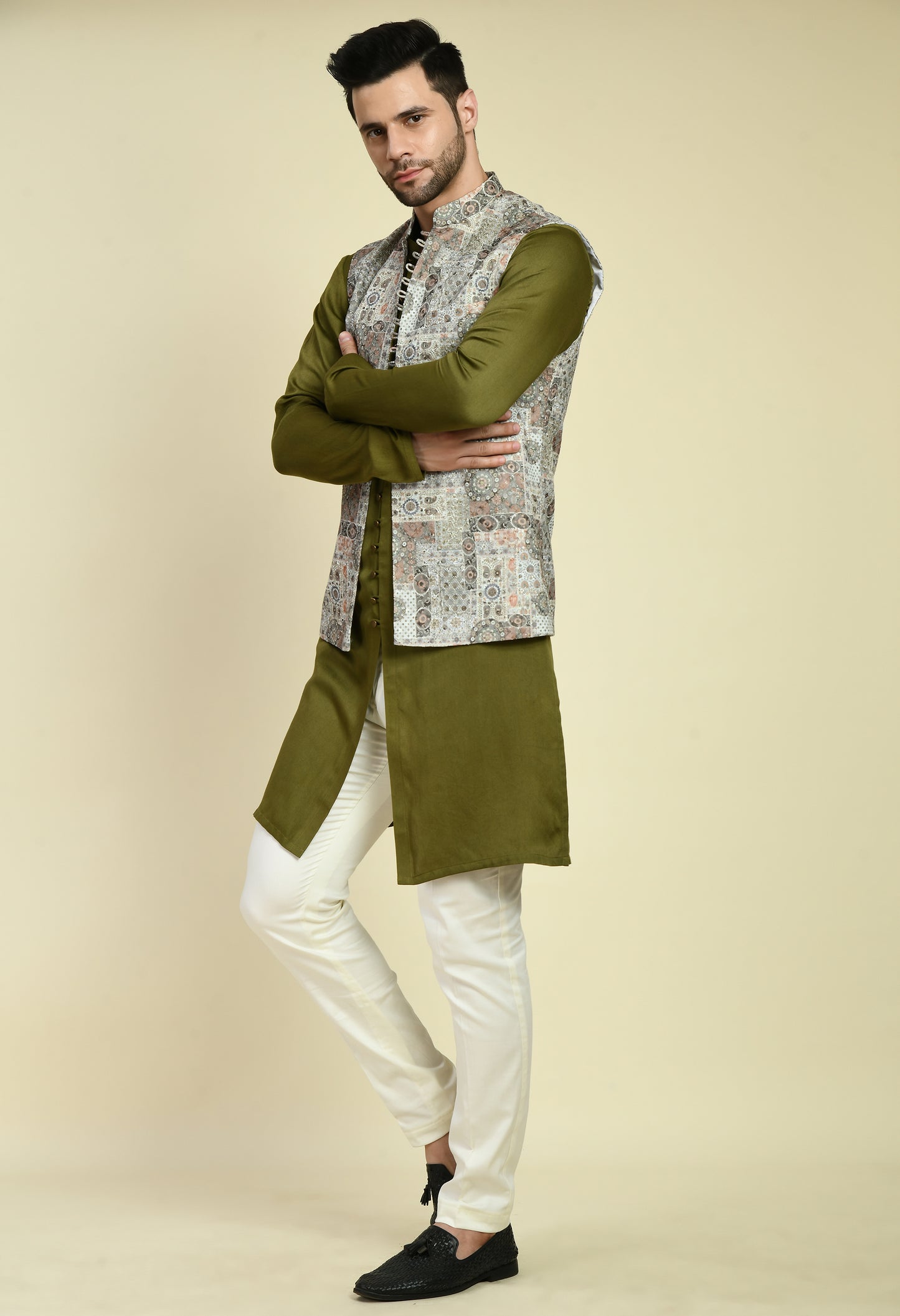 Back view - Men’s Nehru Jacket – Silk in Green with Silk Thread Embroidery