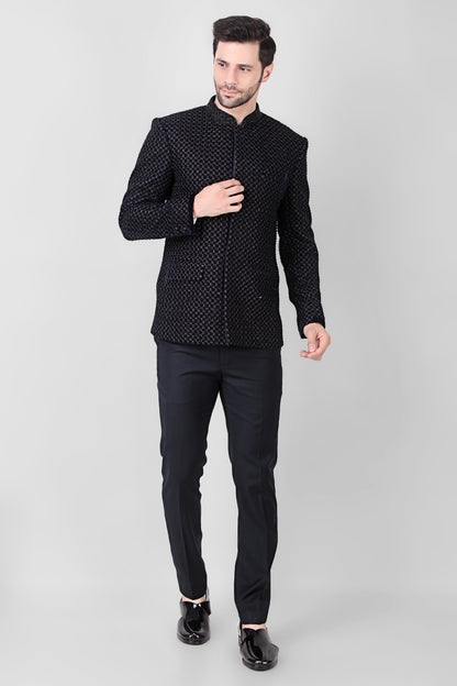 Men’s Bandhgala – Velvet in Black with Beads Embroidery | One Man Show