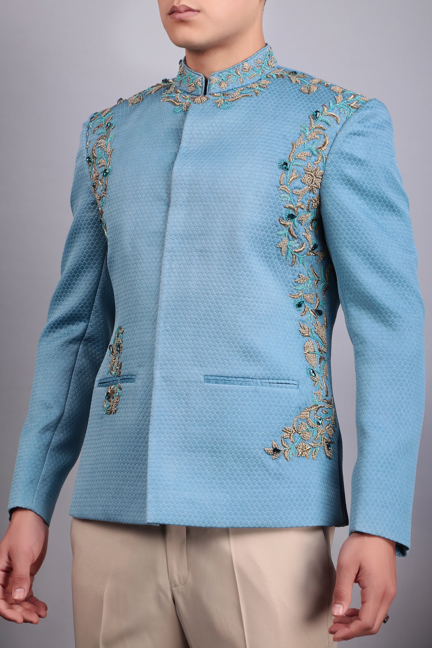 Back view - Men’s Bandhgala – Poly Jaquard in Blue with Hand Embroidery