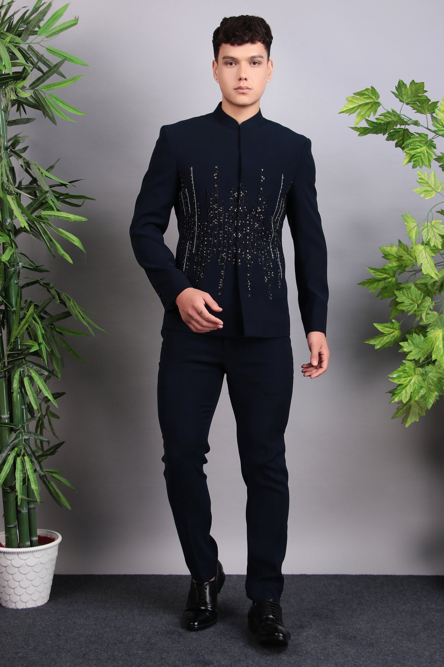 Front view - Men’s Bandhgala – Japanese Lycra in Navy Blue with Hand Embroidery