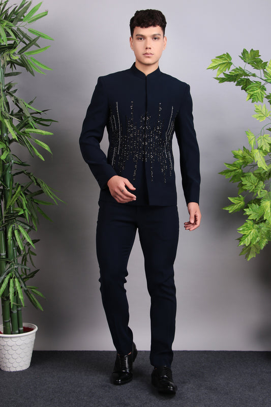 Front view - Men’s Bandhgala – Japanese Lycra in Navy Blue with Hand Embroidery