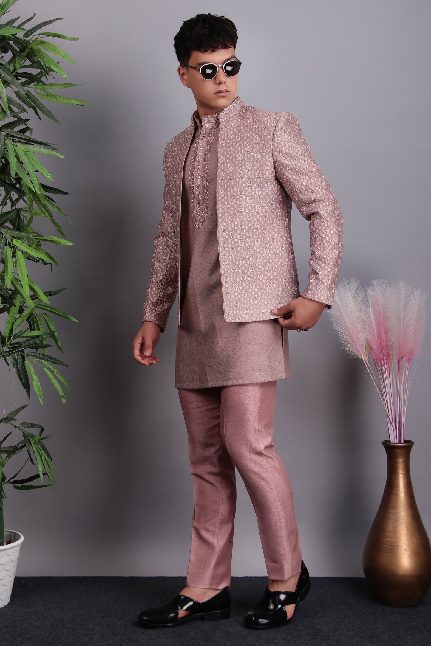 Detail view 1 - Men’s Indo-Western – Silk Embroidered Fabric in Pink with Floral Hand Embroidery