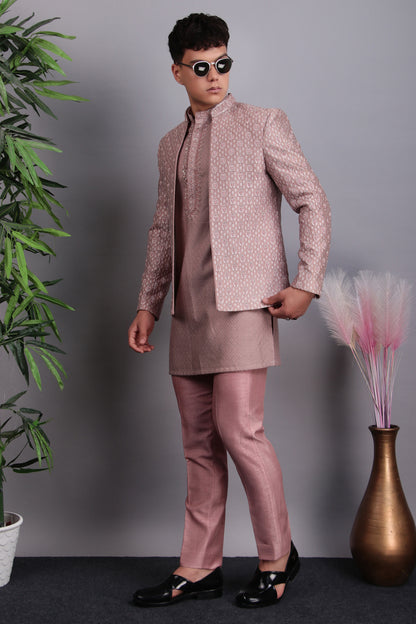 Men’s Indo-Western – Silk Embroidered Fabric in Pink with Floral Hand Embroidery | One Man Show