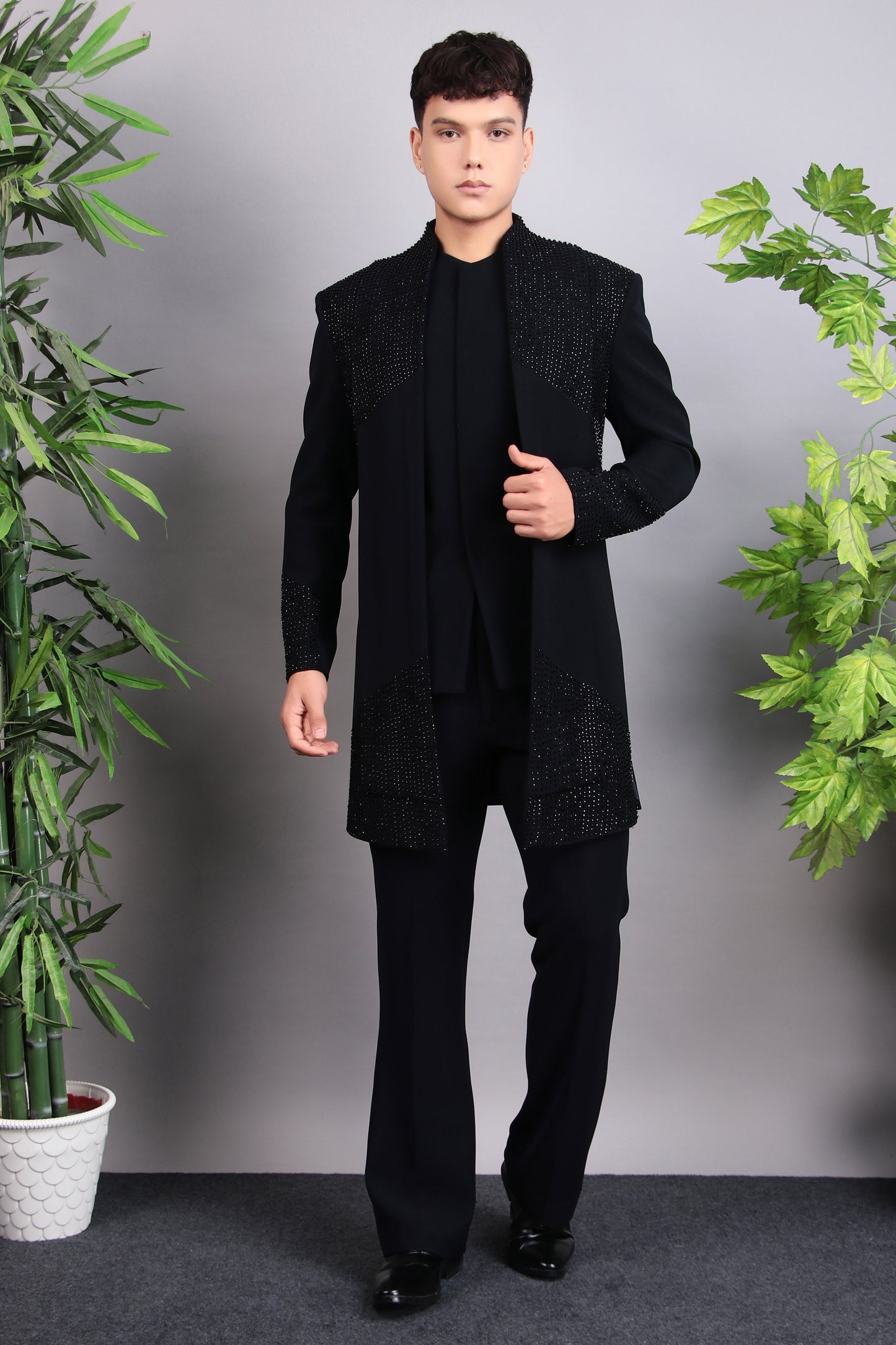 Back view - Men’s Indo-Western – Japanese Lycra in Midnight Blue with Beads and Stones Embroidery