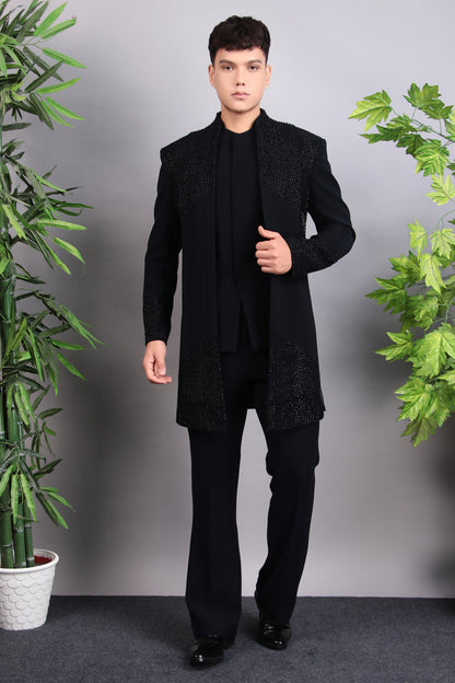 Men’s Indo-Western – Japanese Lycra in Midnight Blue with Beads and Stones Embroidery | One Man Show