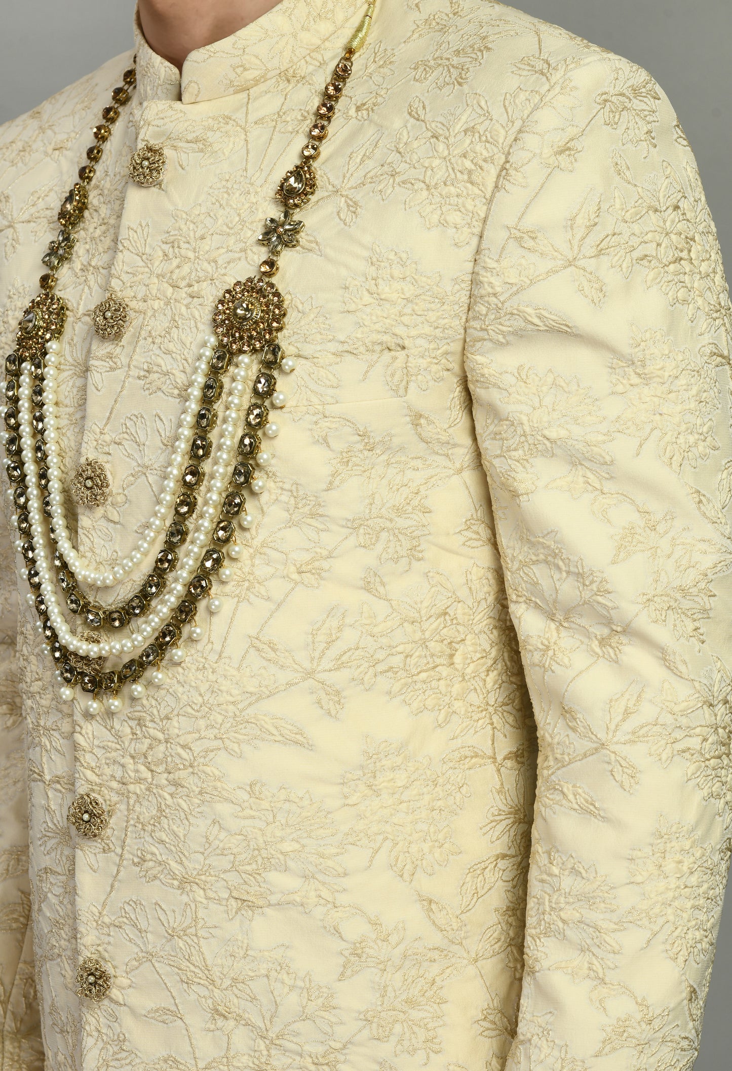 Detail view 2 - Men’s Sherwani – Silk in Cream with Detailed Hand Embroidery