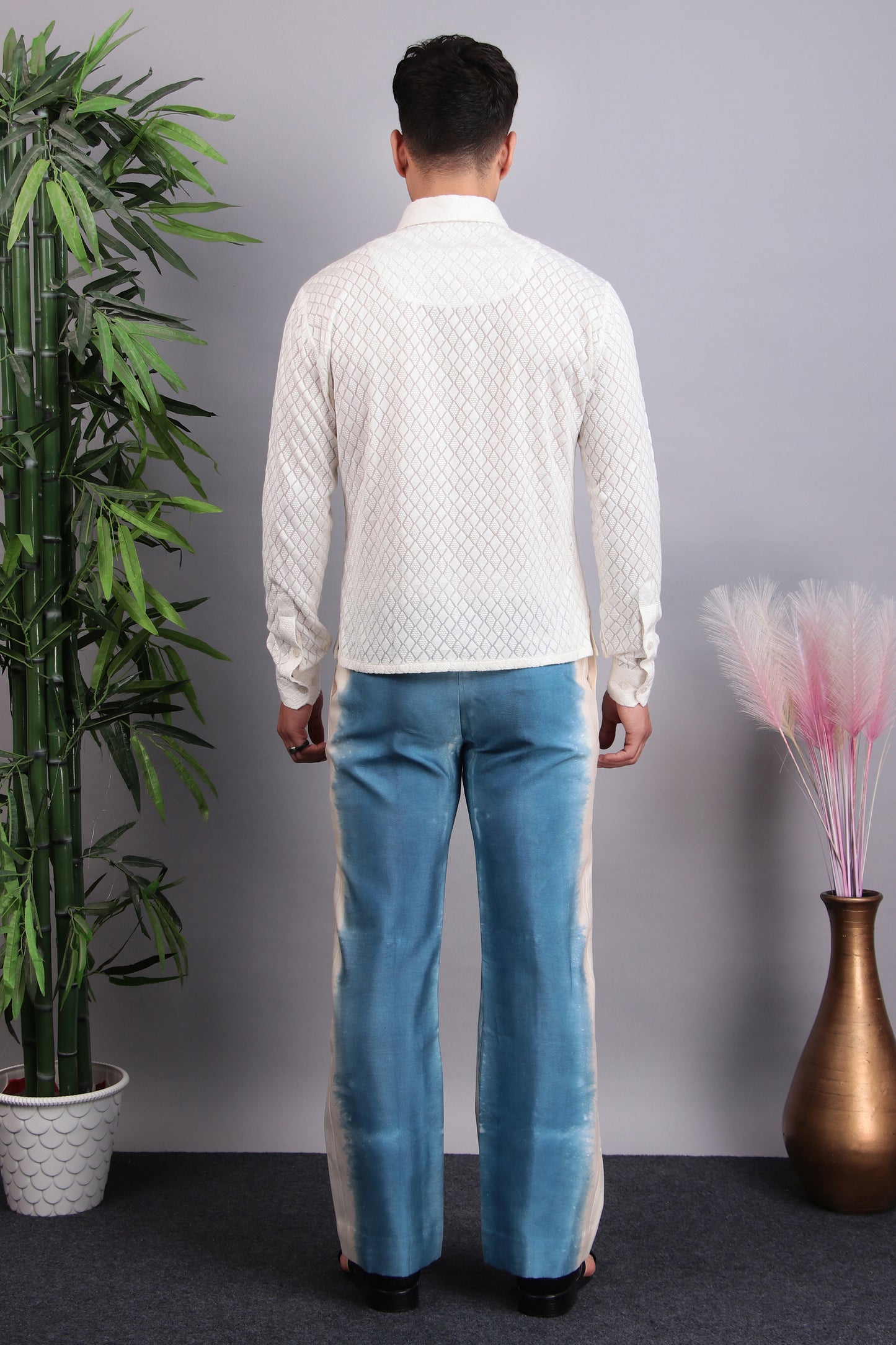Back view - Men’s Kurta Set – Viscose Georgette in White with Tie Pants