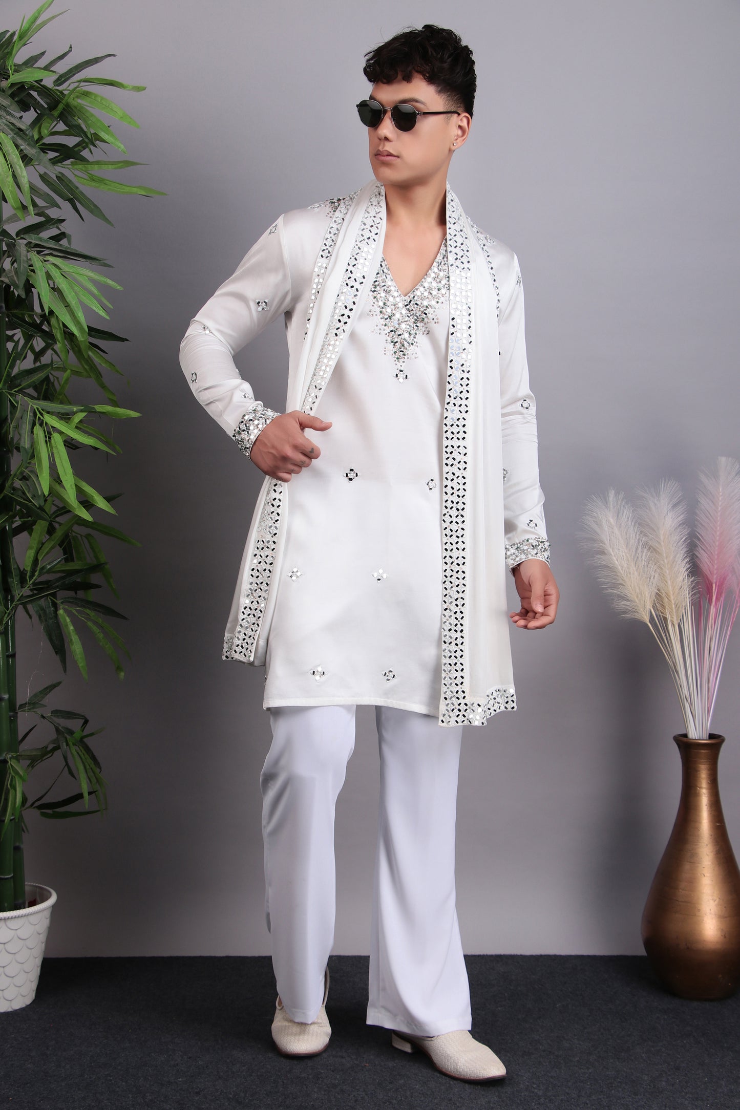 Detail view 5 - Men’s Kurta Set – Modal Satin in White with Brads, Stone and Mirror Embroidery