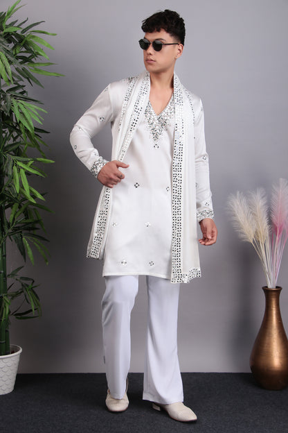 Men’s Kurta Set – Modal Satin in White with Brads, Stone and Mirror Embroidery | One Man Show
