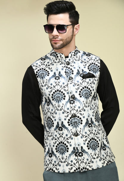Men’s Nehru Jacket – Silk in Grey with Silk Thread Embroidery | One Man Show