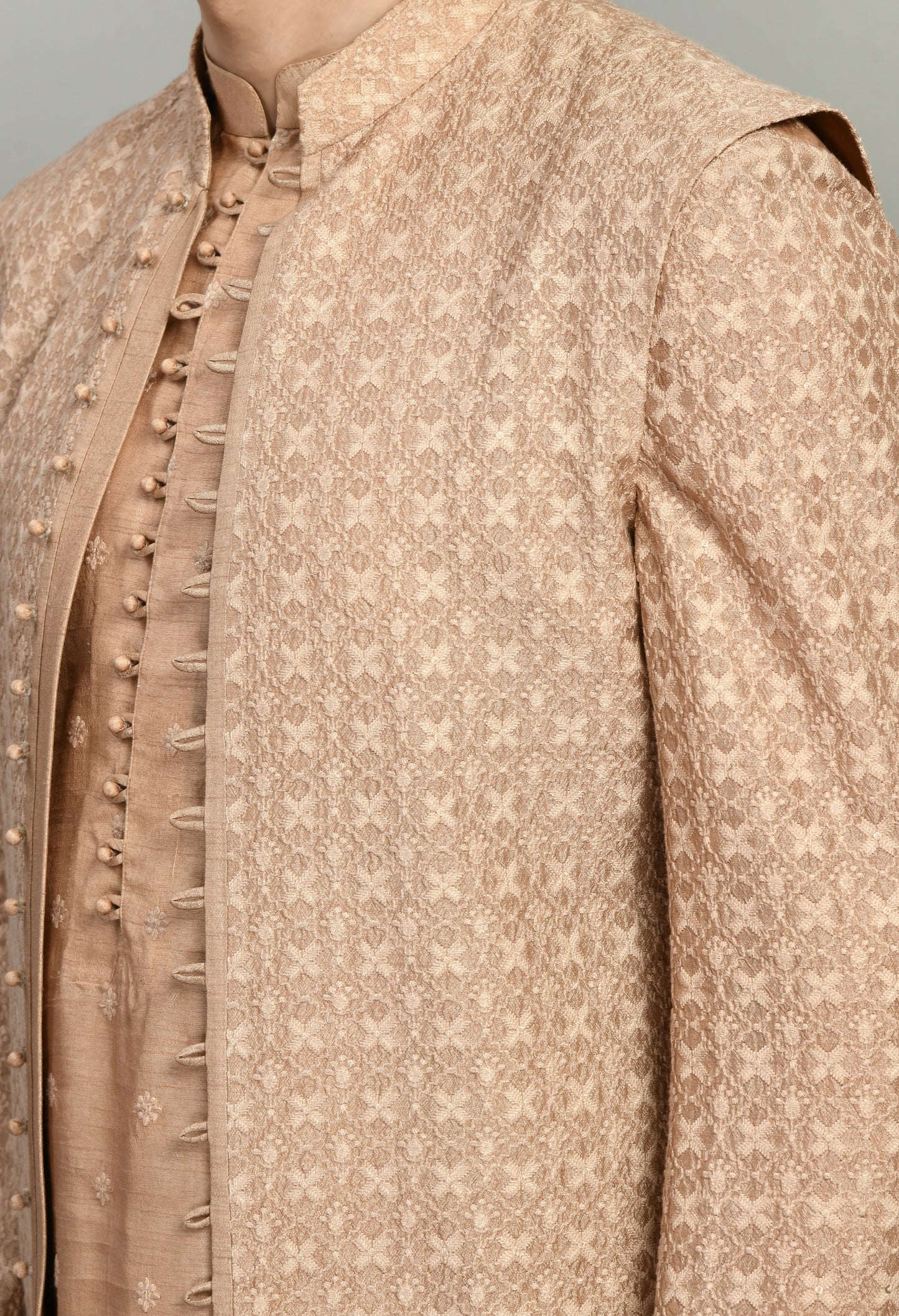 Men’s Nehru Jacket – Silk Georgette in Light Brown with Designer Kurta Sleeve | One Man Show
