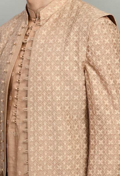 Men’s Nehru Jacket – Silk Georgette in Light Brown with Designer Kurta Sleeve | One Man Show