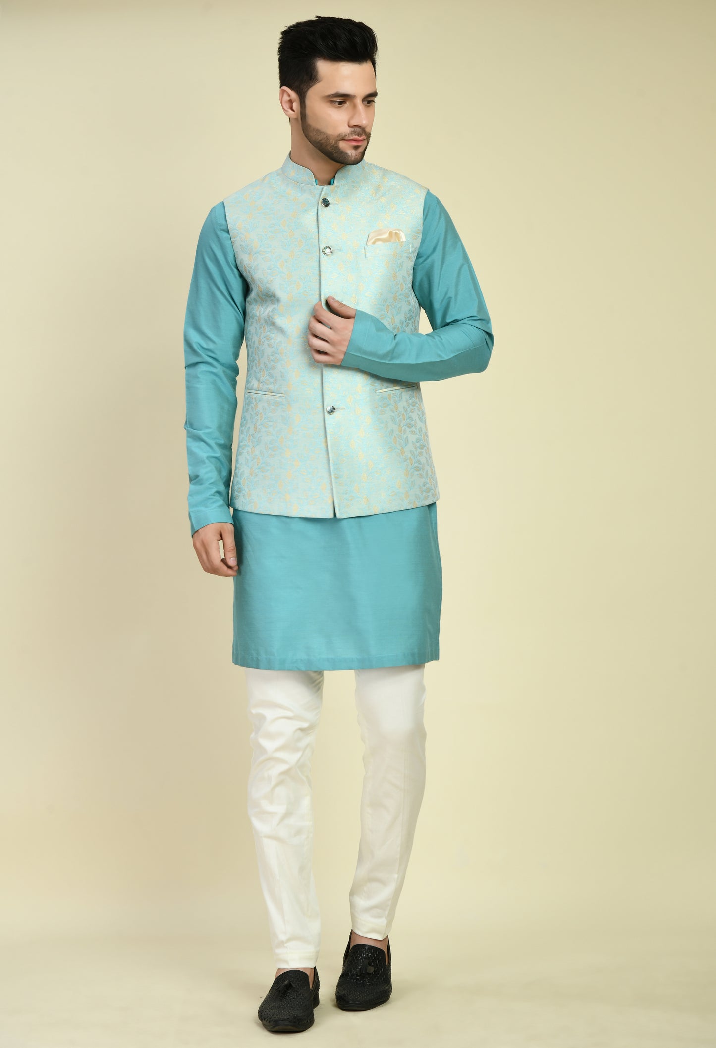 Side view - Men’s Nehru Jacket – Silk in Blue with Silk Jaquard Jacket
