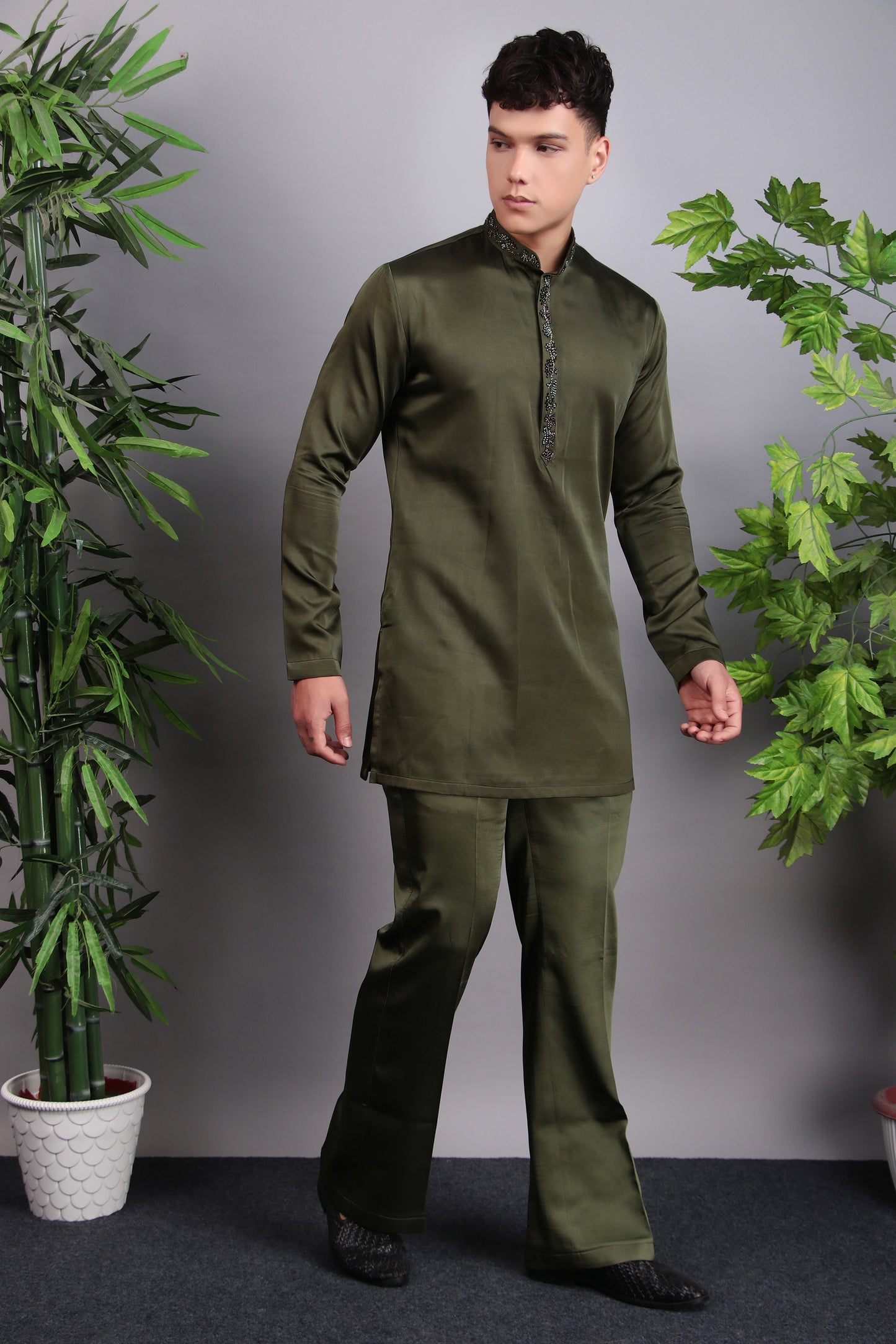 Detail view 1 - Men’s Indo-Western – Velvet Embroidered Fabric in Green with Multi Colored Floral Embroidery