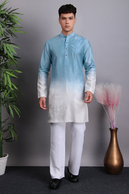 Men’s Kurta Set – Silk in Blue with Tie and Dye & Silk Thread Embroidery | One Man Show