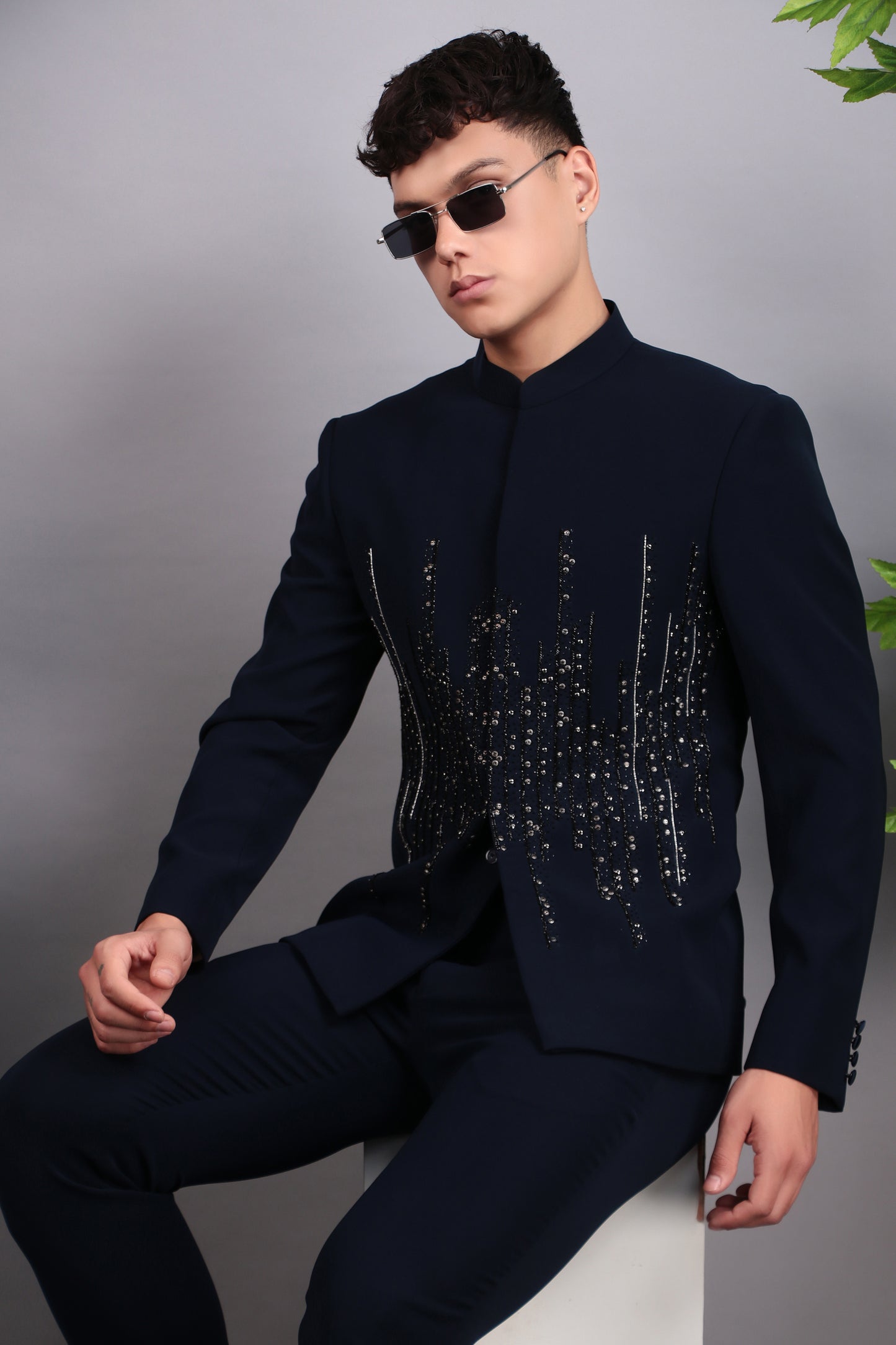 Detail view 4 - Men’s Bandhgala – Japanese Lycra in Navy Blue with Hand Embroidery