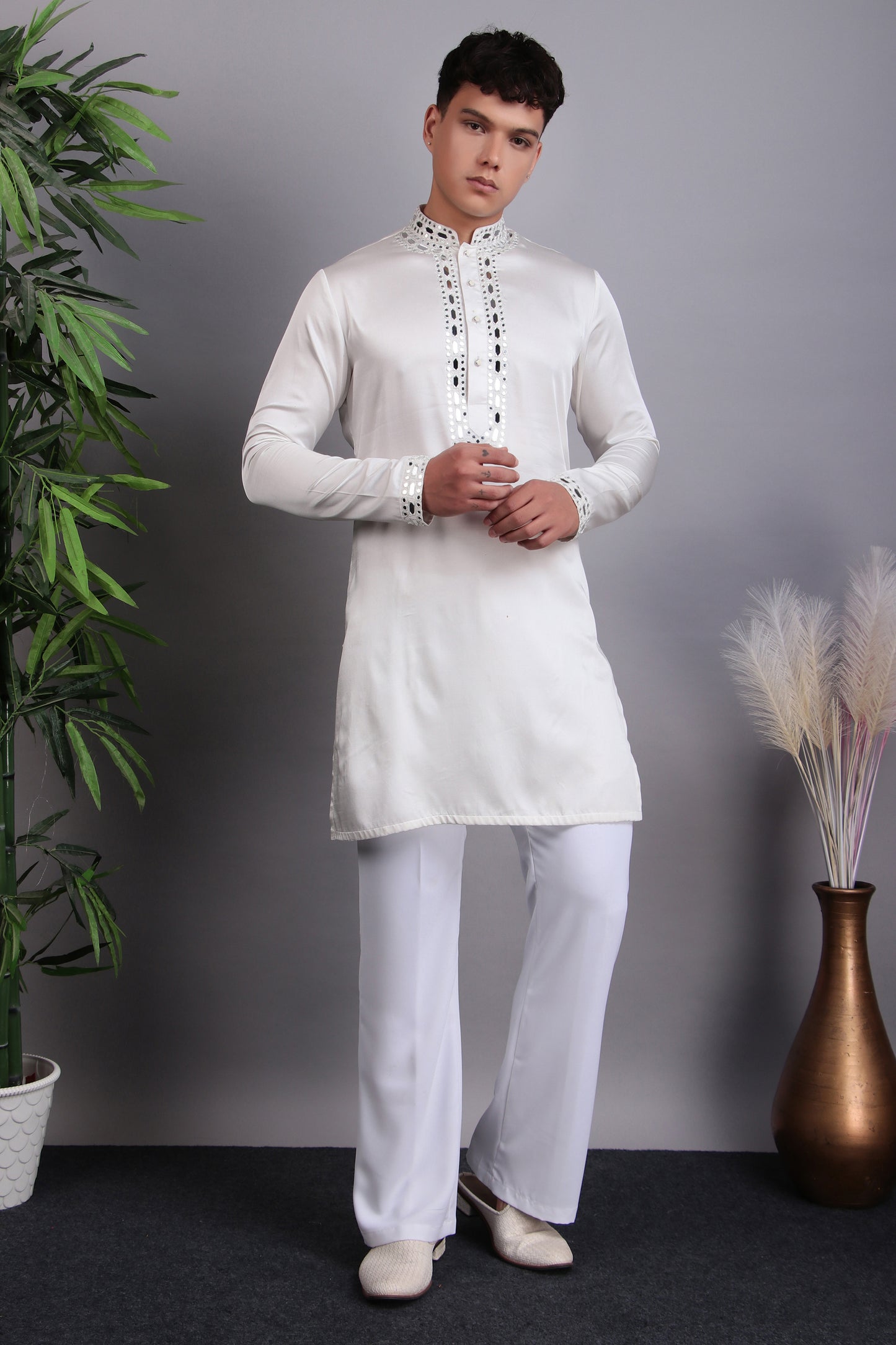 Detail view 2 - Men’s Kurta Set – Modal Satin in Blue with Tie and Dye & Silk Thread Embroidery