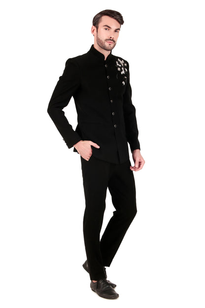 Men’s Bandhgala – Japanese Lycra in Black with Shoulder Placement Embroidery | One Man Show
