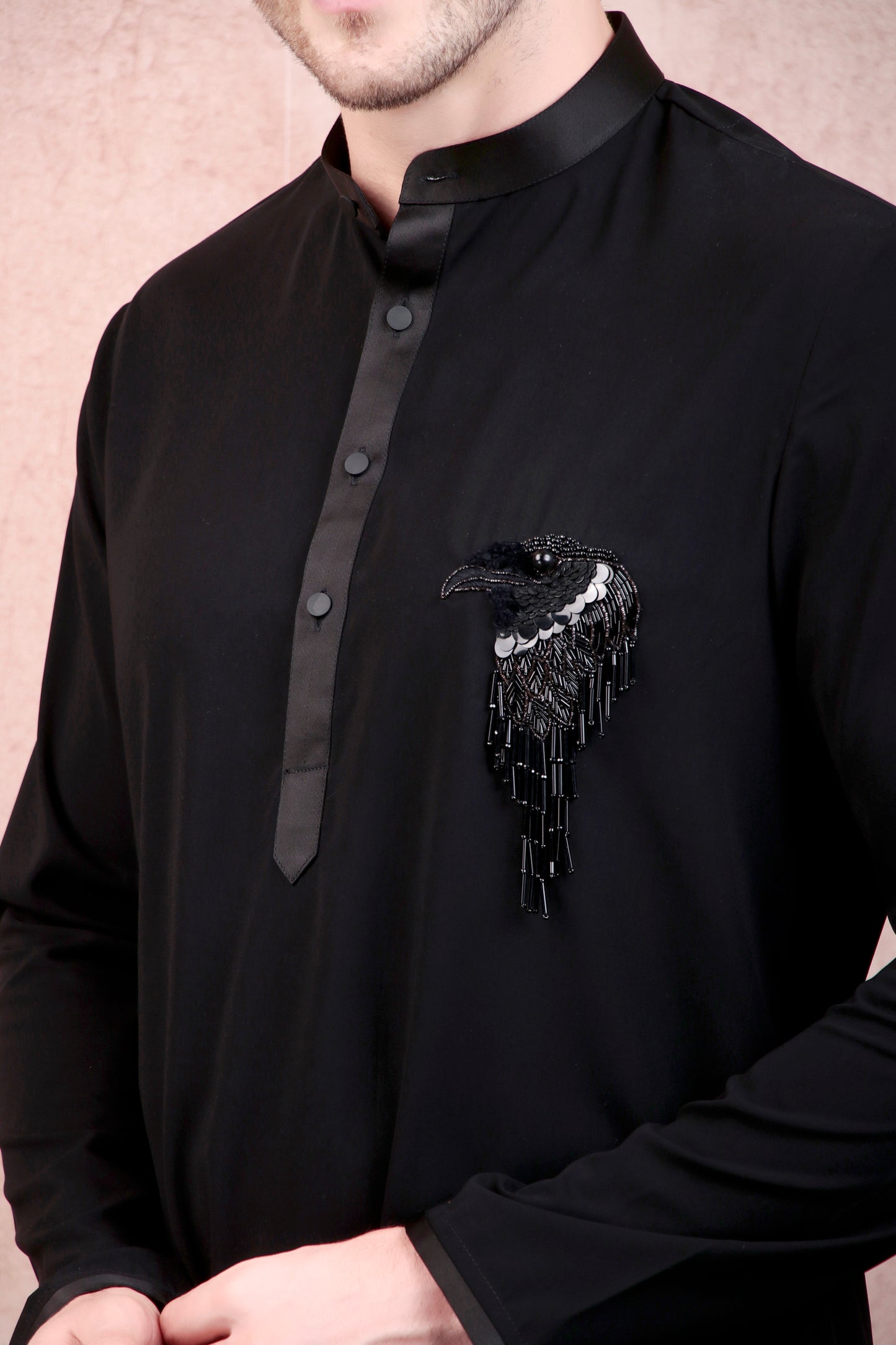 Detail view 1 - Men’s Kurta Set – Japanese Lycra in Black with Eagle Motif Hand Embroidery