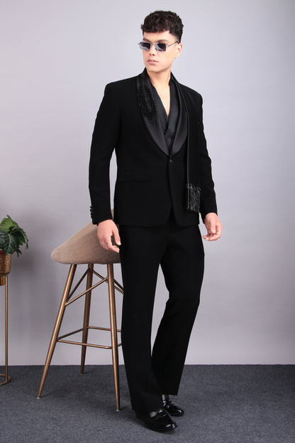 Men’s Tuxedo – Japanese Lycra in Black with Modern Cut & Designer Cowl Shirt | One Man Show