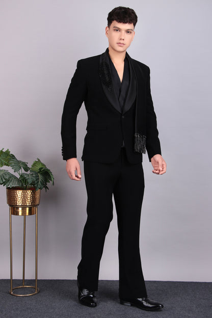 Men’s Tuxedo – Japanese Lycra in Black with Modern Cut & Designer Cowl Shirt | One Man Show