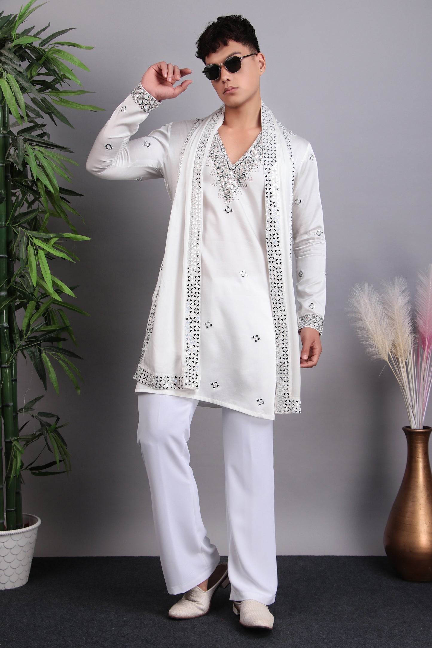 Detail view 6 - Men’s Kurta Set – Modal Satin in White with Brads, Stone and Mirror Embroidery