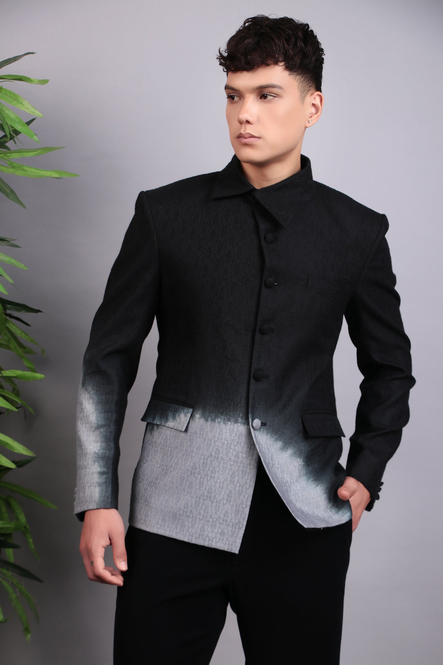 Detail view 4 - Men’s Bandhgala – Cotton Jaquard in Black with Shacket Style Tie and Dye
