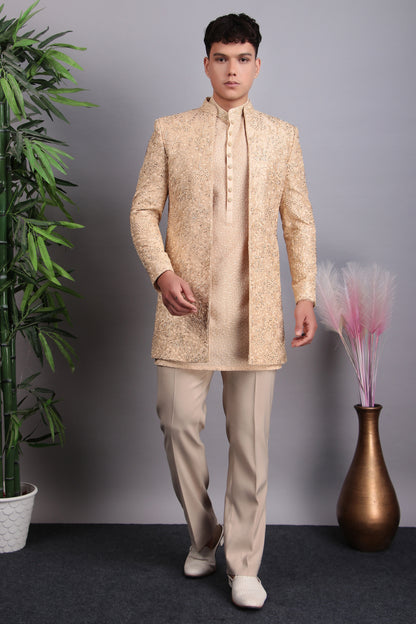 Men’s Indo-Western – Silk Embroidered Fabric in Beige with Floral Hand Embroidery | One Man Show