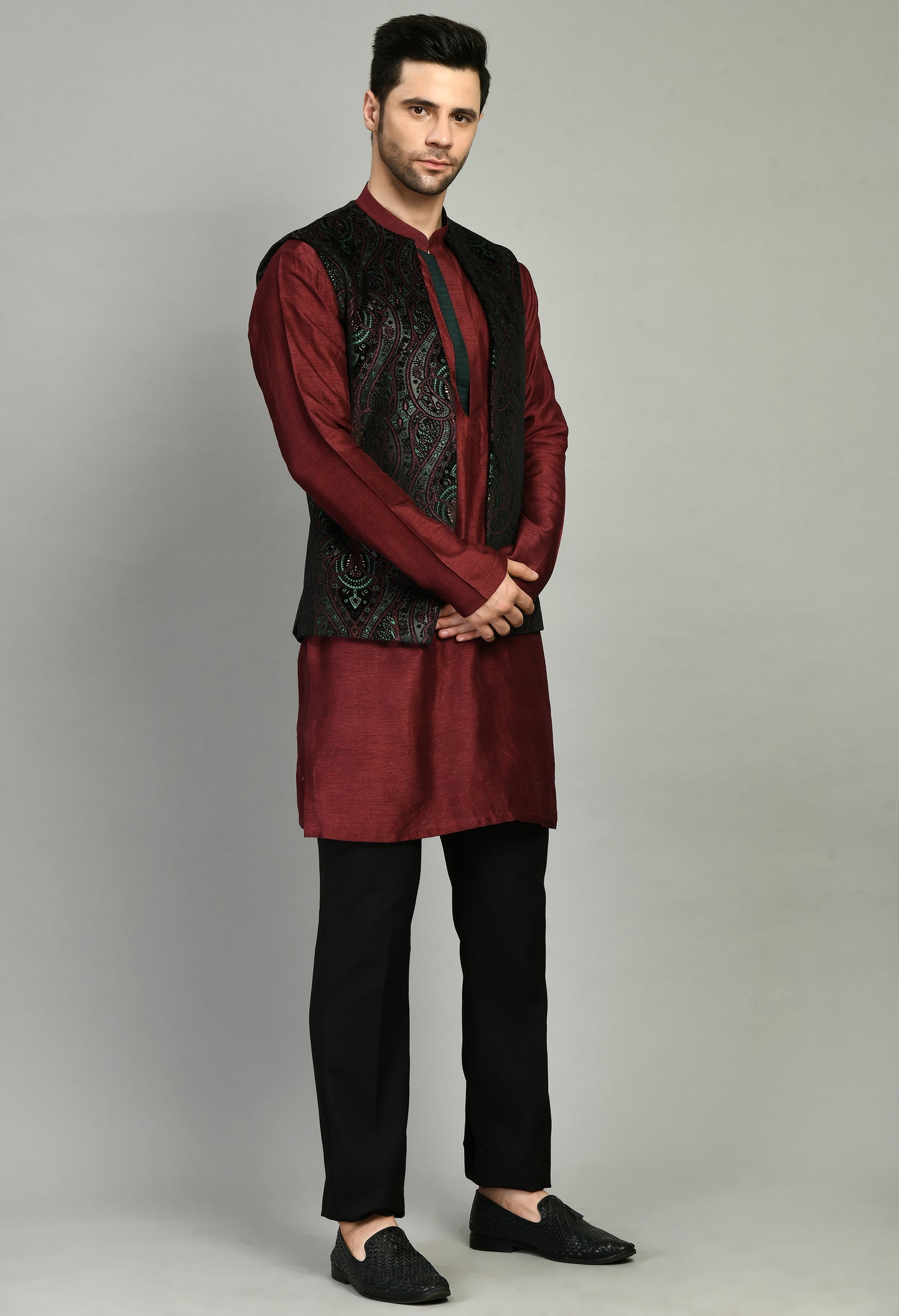 Front view - Men’s Nehru Jacket – Velvet Printed in Maroon with Front Open Design