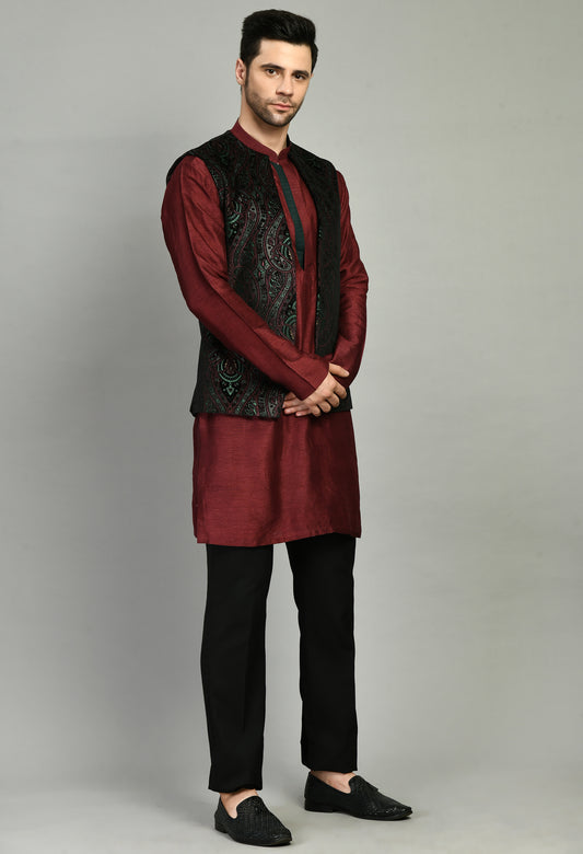 Men’s Nehru Jacket – Velvet Printed in Maroon with Front Open Design | One Man Show