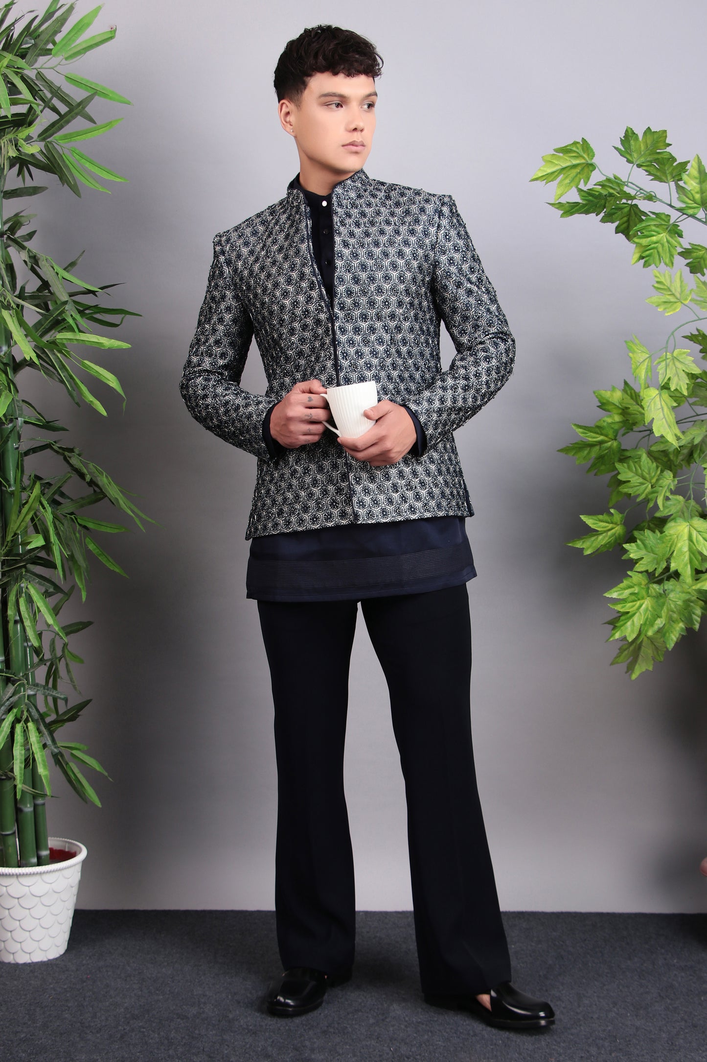Detail view 3 - Men’s Indo-Western – Silk Embroidered Fabric in Blue with Floral Hand Embroidery