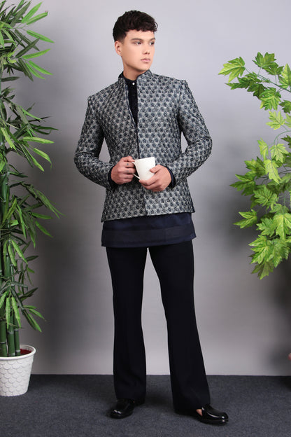 Men’s Indo-Western – Silk Embroidered Fabric in Blue with Floral Hand Embroidery | One Man Show