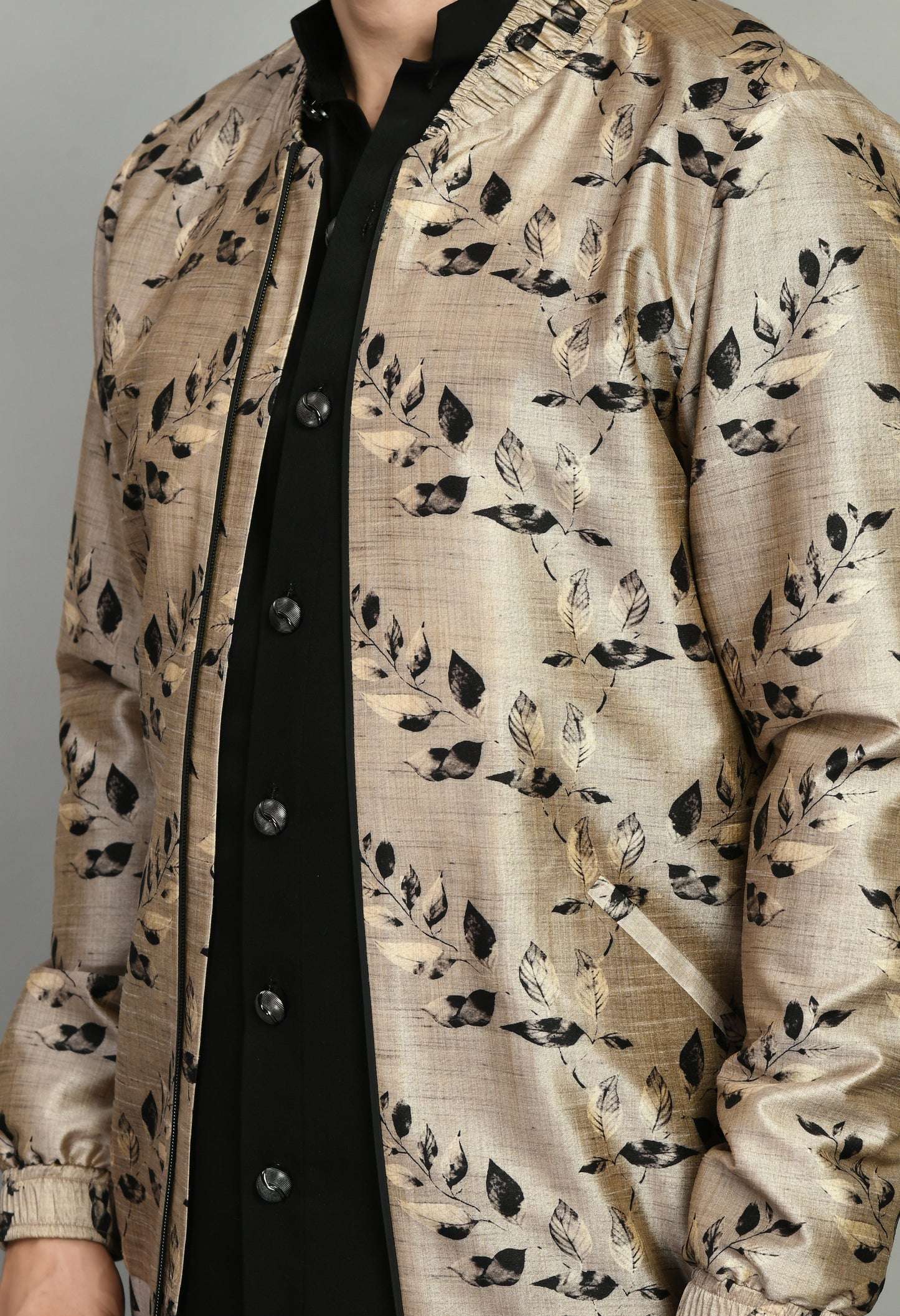 Detail view 2 - Men’s Indo-Western Set – Silk Print in Cream and Black with Floral Print Bomber Jacket
