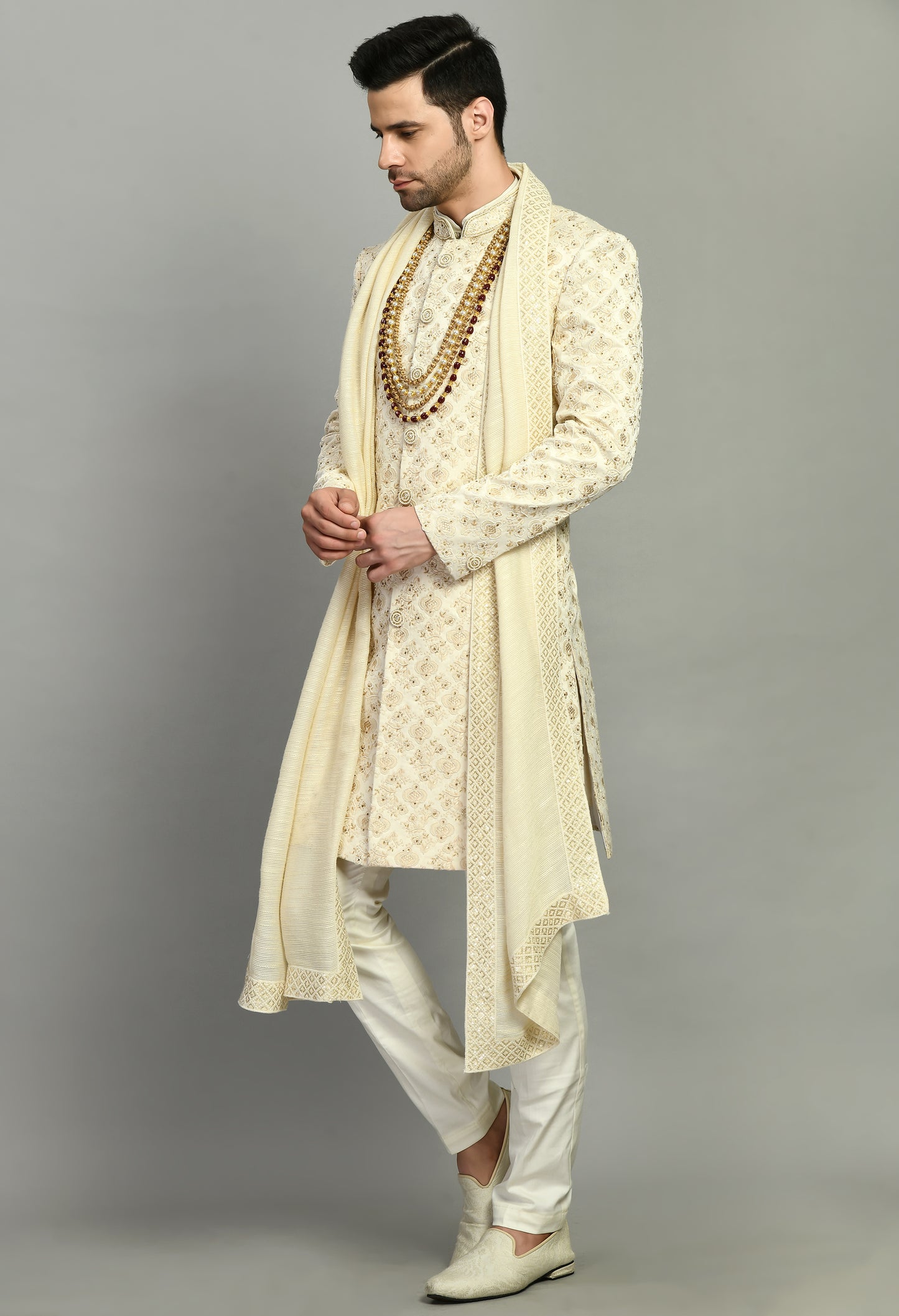 Front view - Men’s Sherwani – Silk in Ivory with Detailed Hand Embroidery