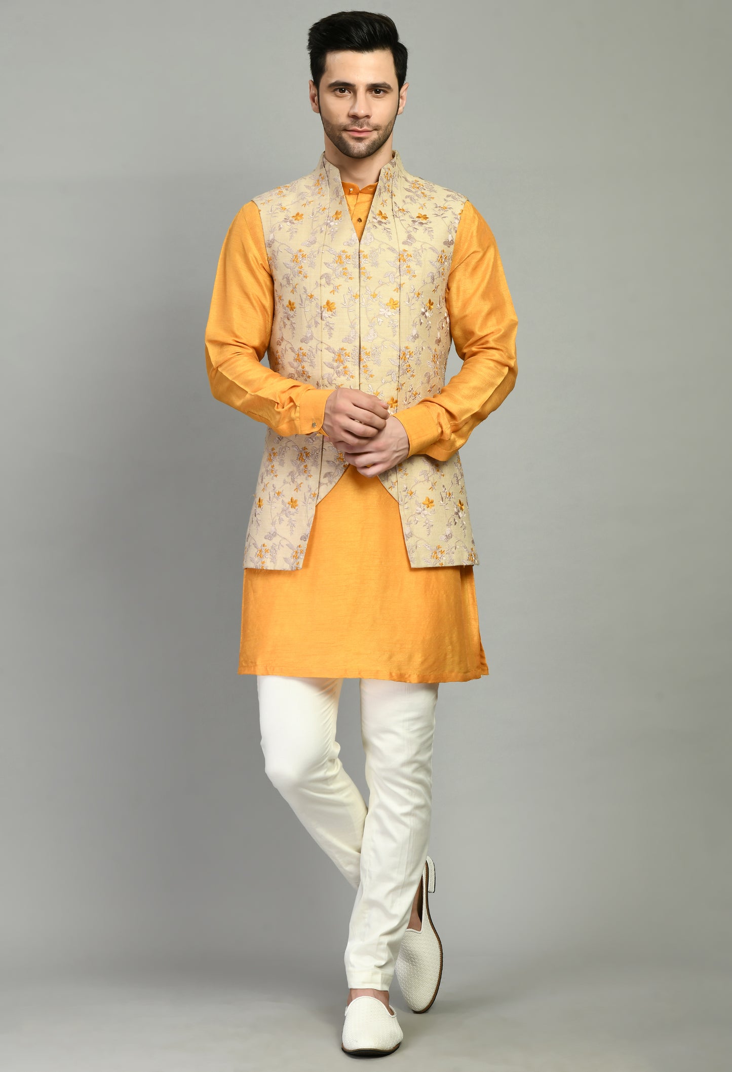 Front view - Men’s Nehru Jacket – Silk Moga in Yellow with Silk Thread Floral Embroidery