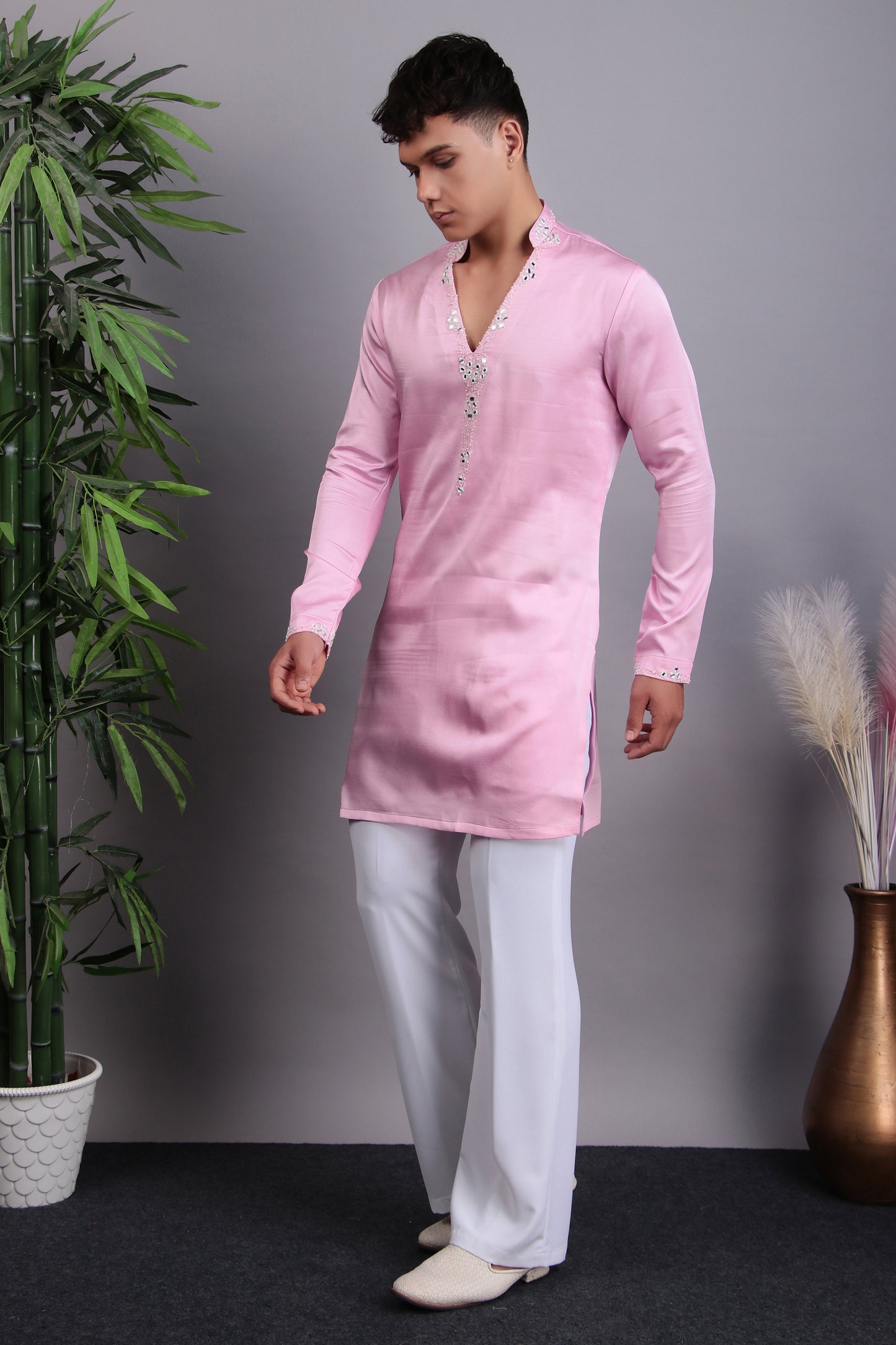 Detail view 3 - Men’s Kurta Set – Modal Satin in Pink with Tie and Dye & Silk Thread Embroidery