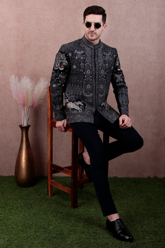 Men’s Bandhgala – Japanese Lycra in Navy Blue with Theme Embroidery Nature | One Man Show