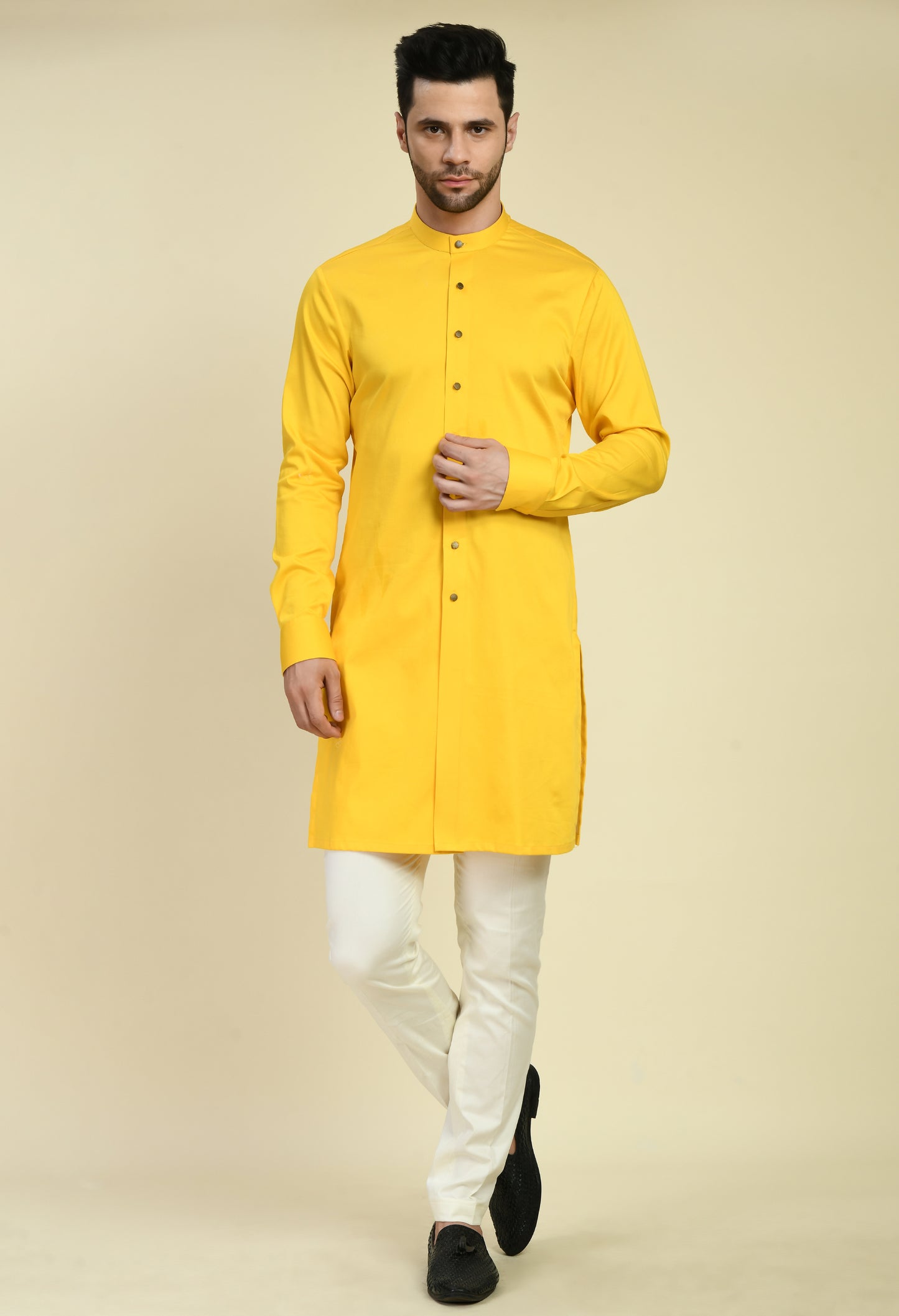Back view - Men’s Kurta Set – Jaquard Poly Blend in Black with Abstract Cut and Lapel Style Front
