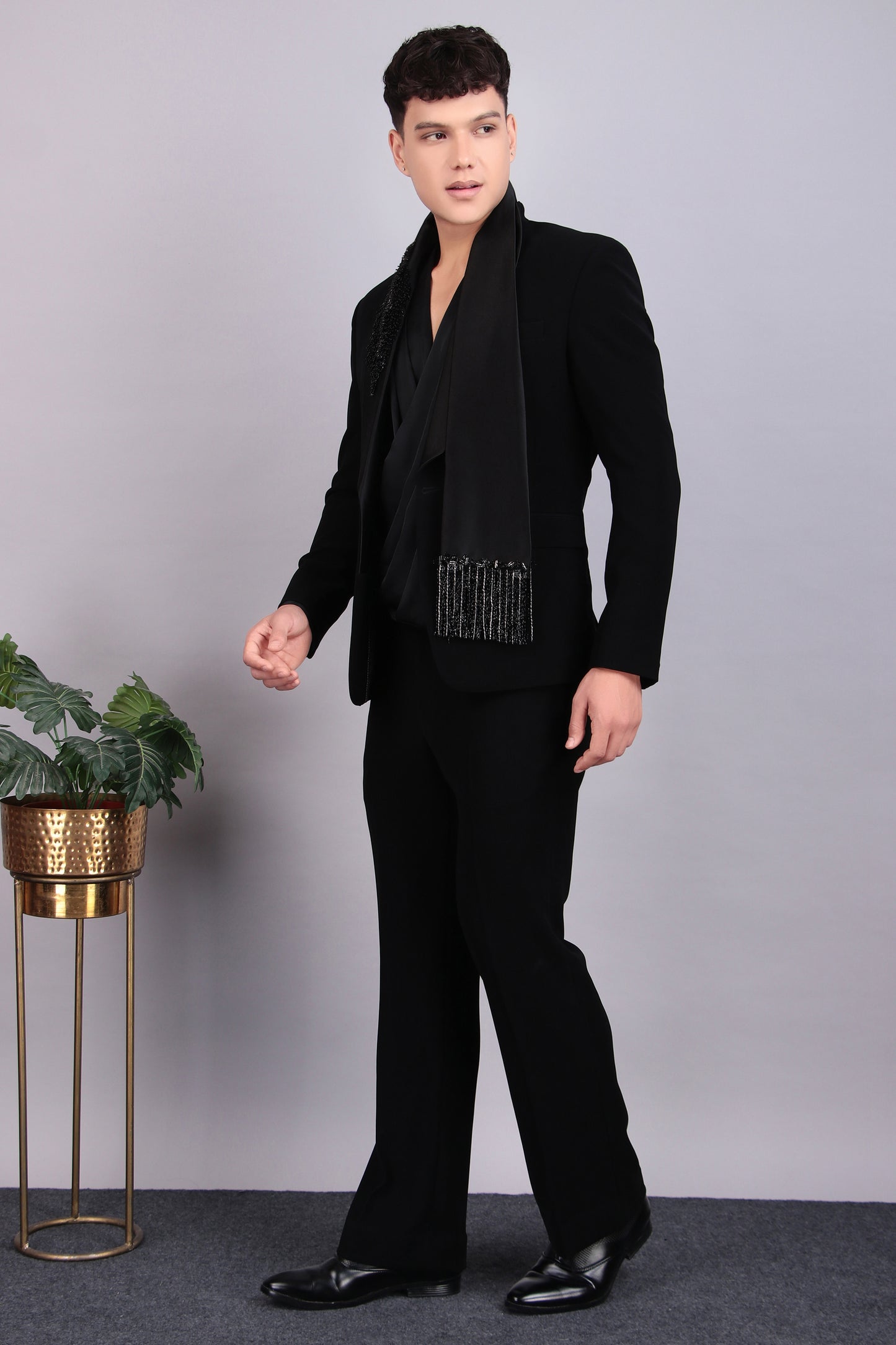 Front view - Men’s Tuxedo – Japanese Lycra in Black with Modern Cut & Designer Cowl Shirt