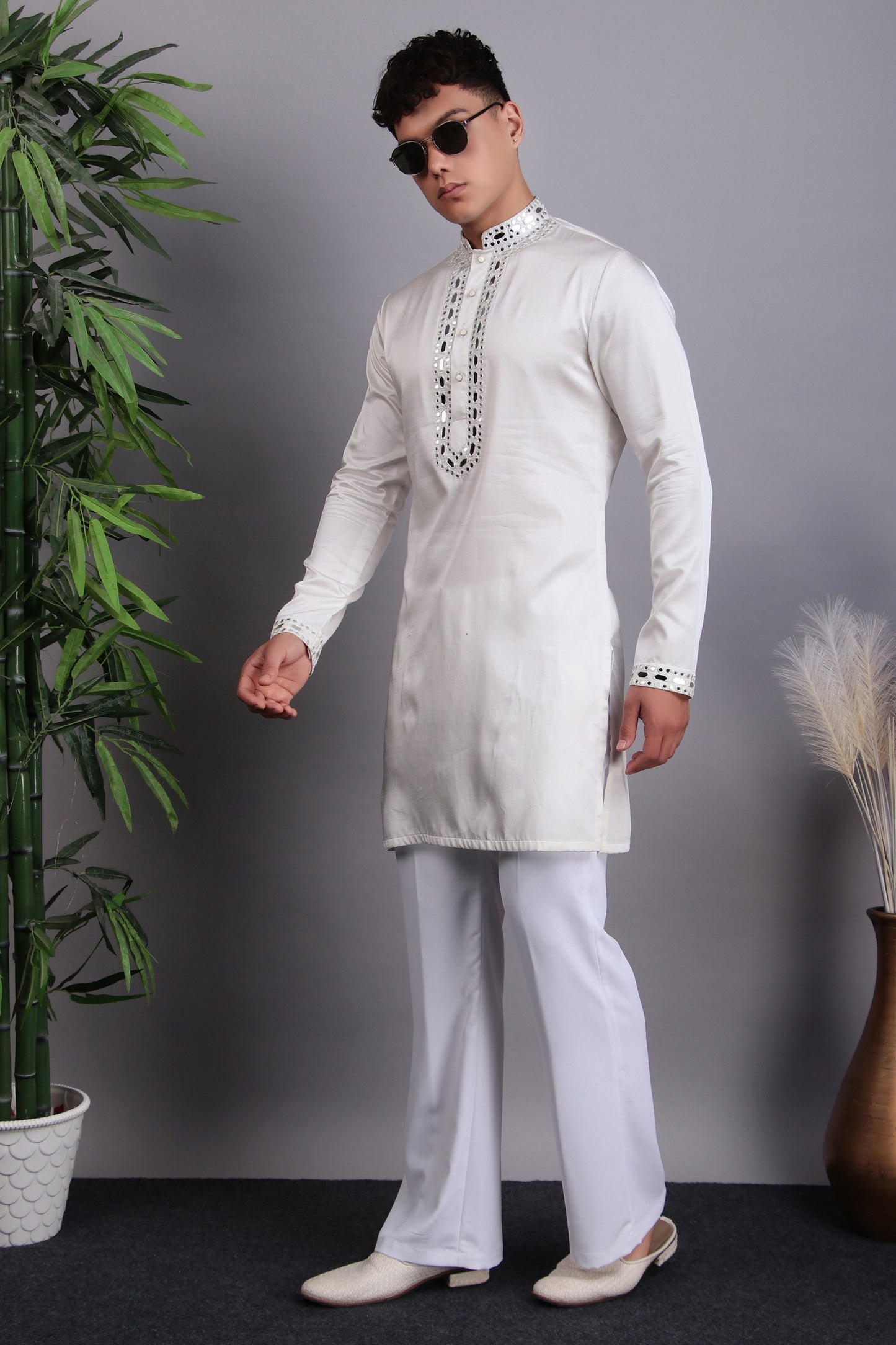 Detail view 5 - Men’s Kurta Set – Modal Satin in Blue with Tie and Dye & Silk Thread Embroidery