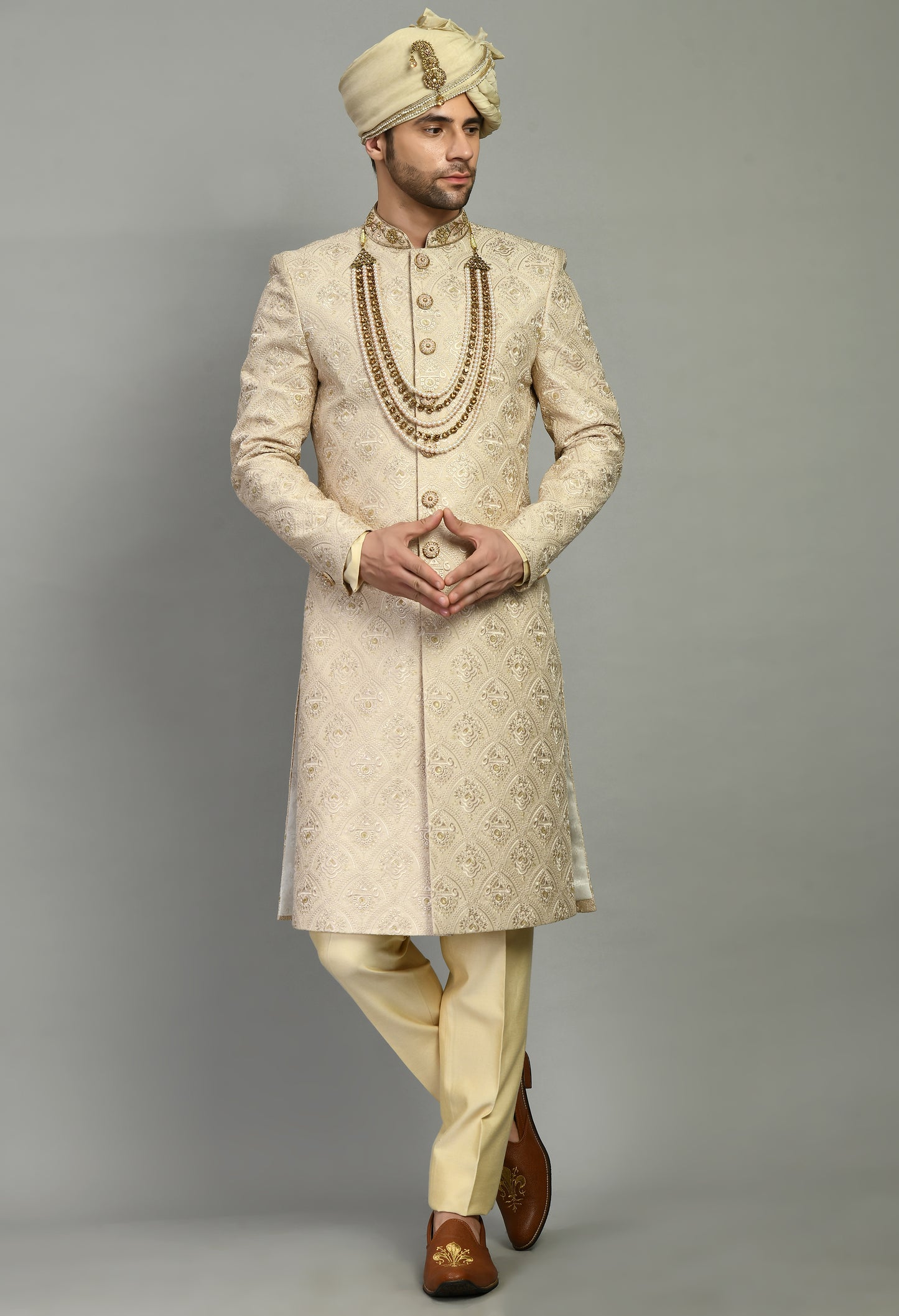 Front view - Men’s Sherwani – Silk in Beige with Detailed Hand Embroidery