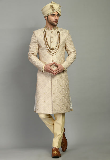 Men’s Sherwani – Silk in Beige with Detailed Hand Embroidery | One Man Show